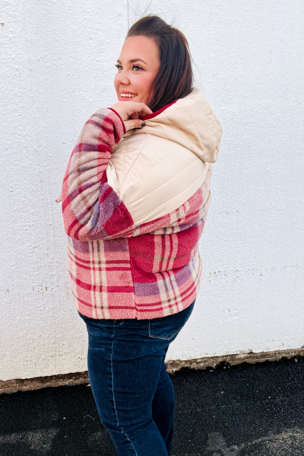 Tried & True Oatmeal & Garnet Plaid Half Zip Puffer Hoodie