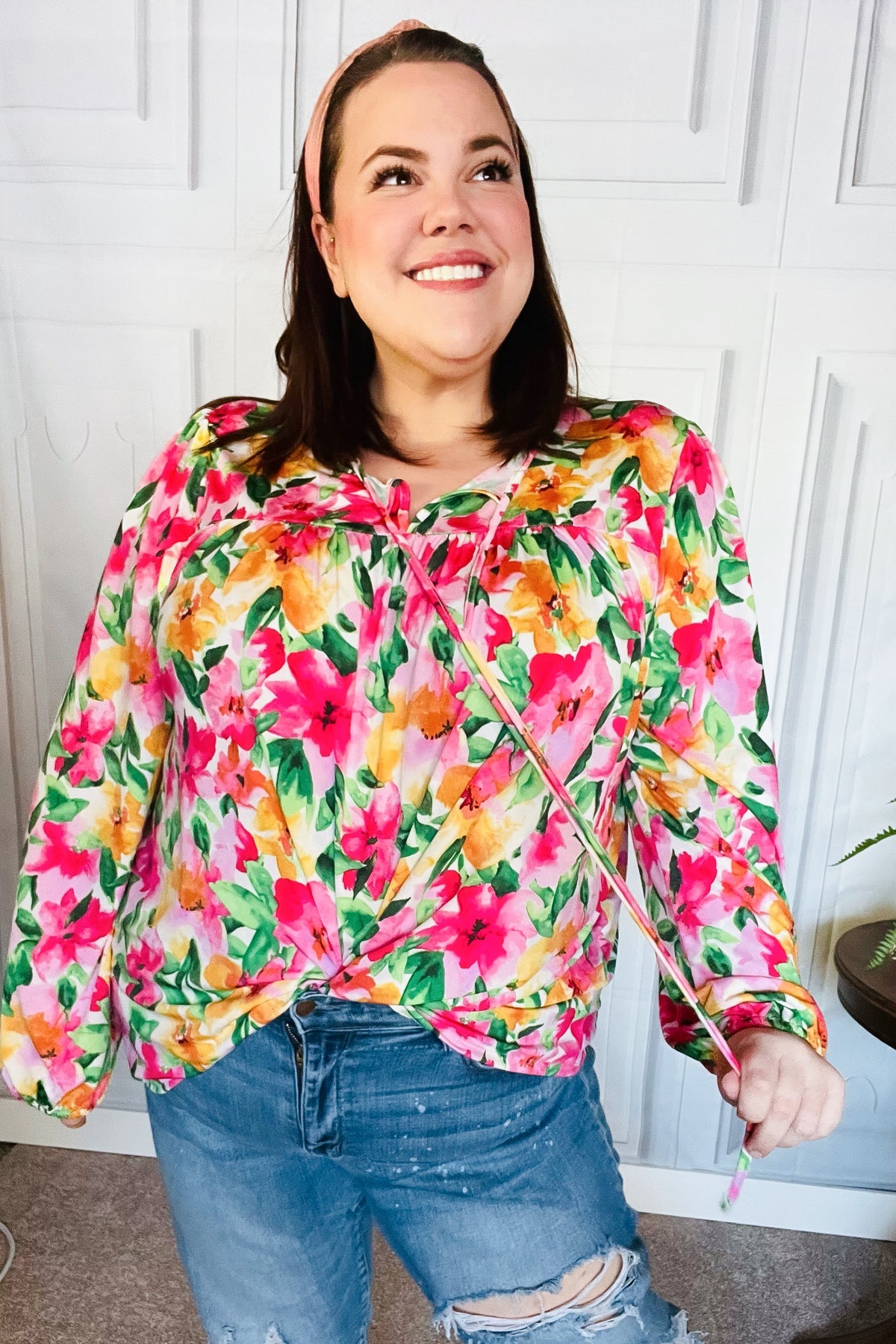 Pretty In Pink Watercolor Floral Yoke Tie Top