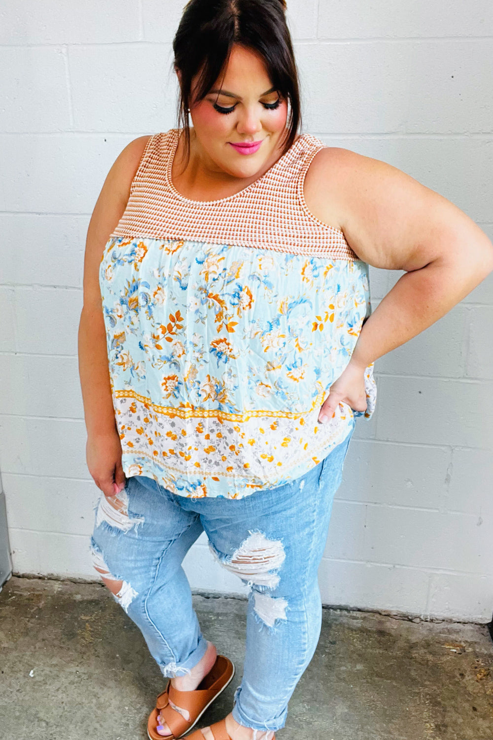 Orange & Blue Two Tone Floral Back Tie Tank