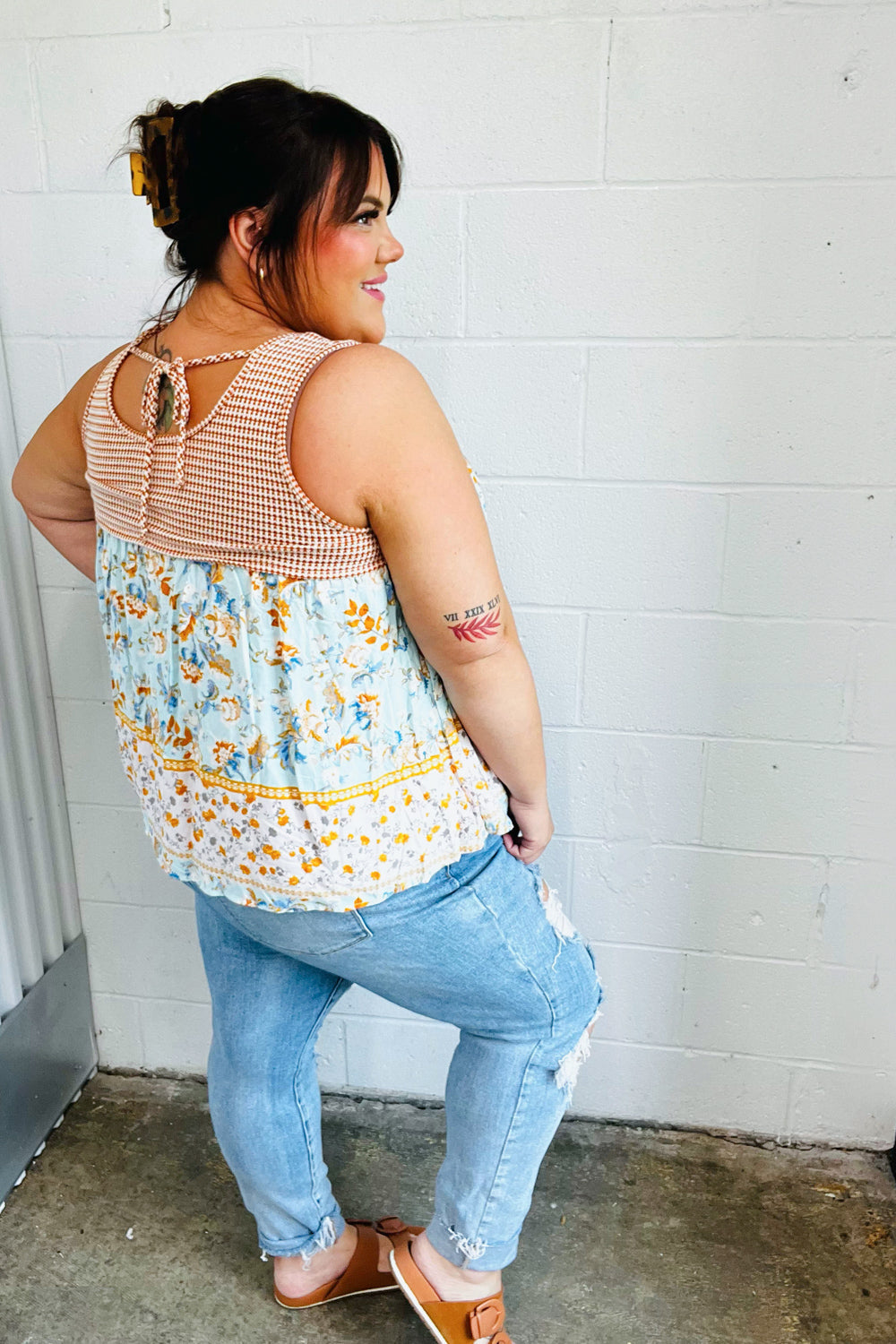 Orange & Blue Two Tone Floral Back Tie Tank