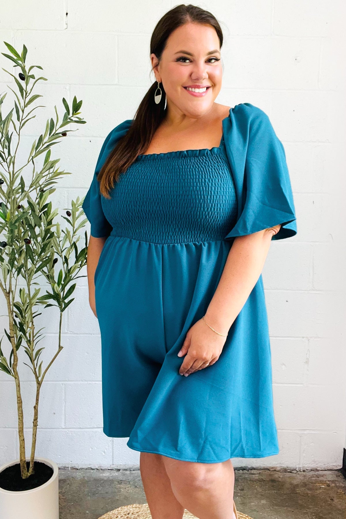 Feeling Playful Teal Smocked Flutter Sleeve Romper