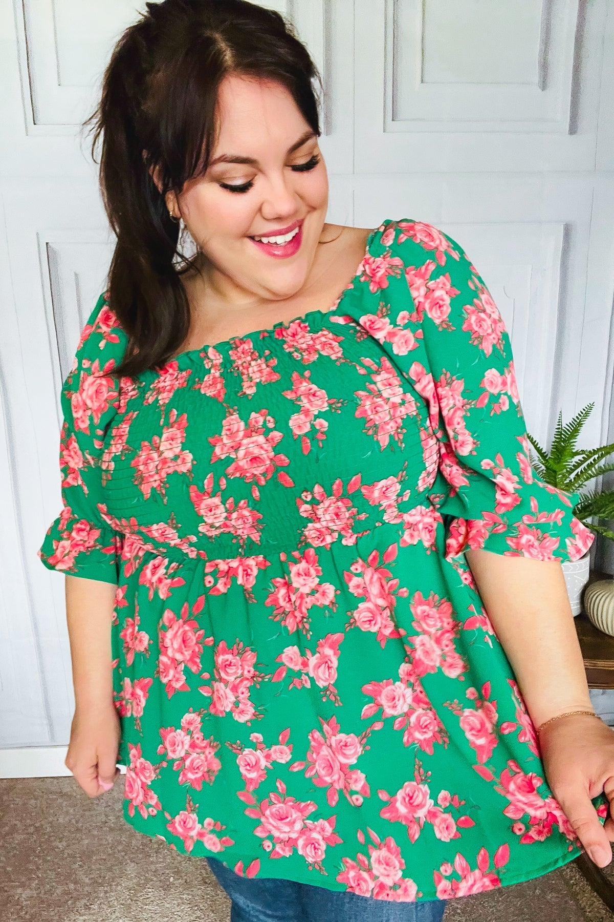 Sumptuous In Smocked Green & Coral Flower Print Babydoll Top