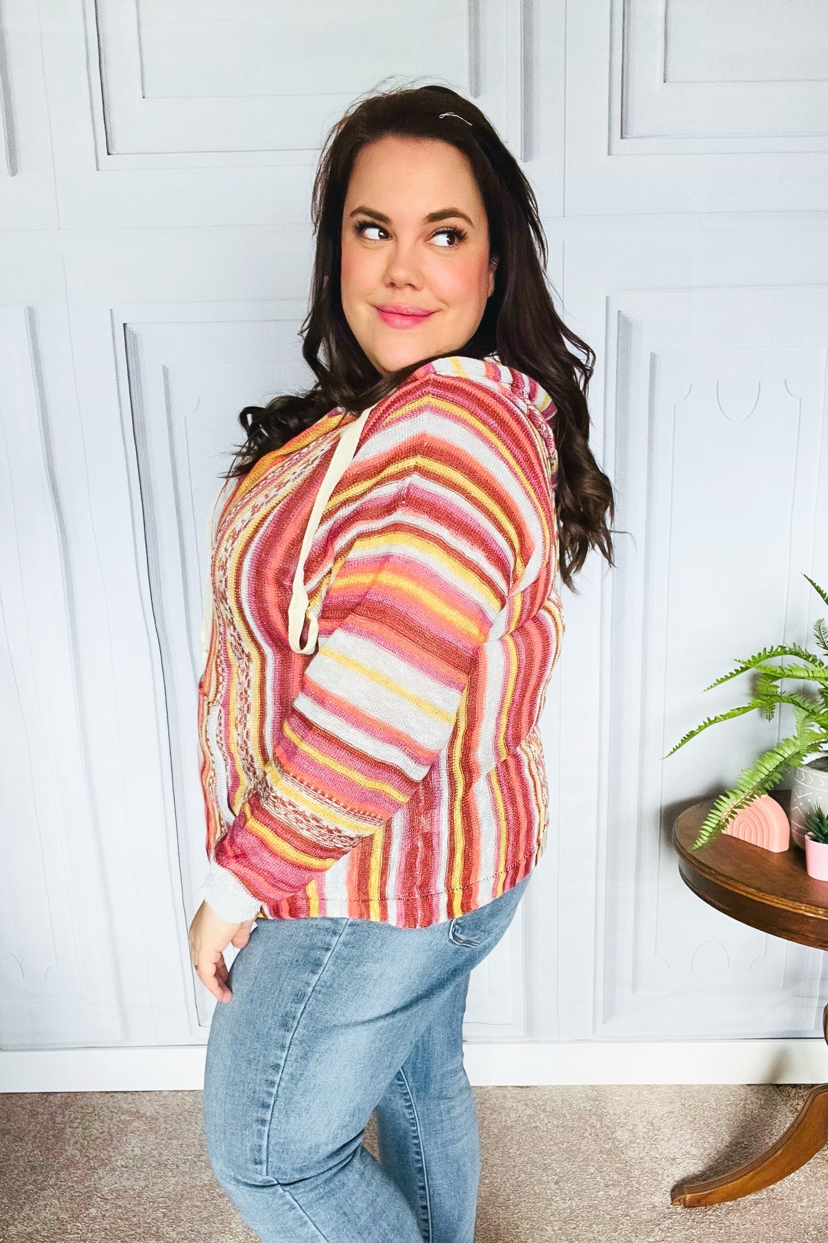 Be Bold Coral & Sienna Stripe Pullover Notched Neck Hoodie