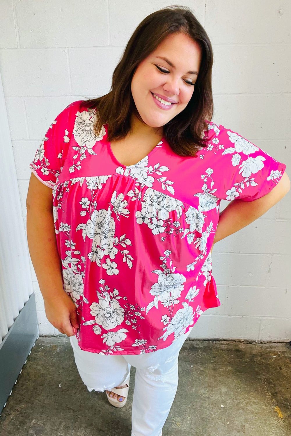 Fuchsia Floral V Neck Dolman Top