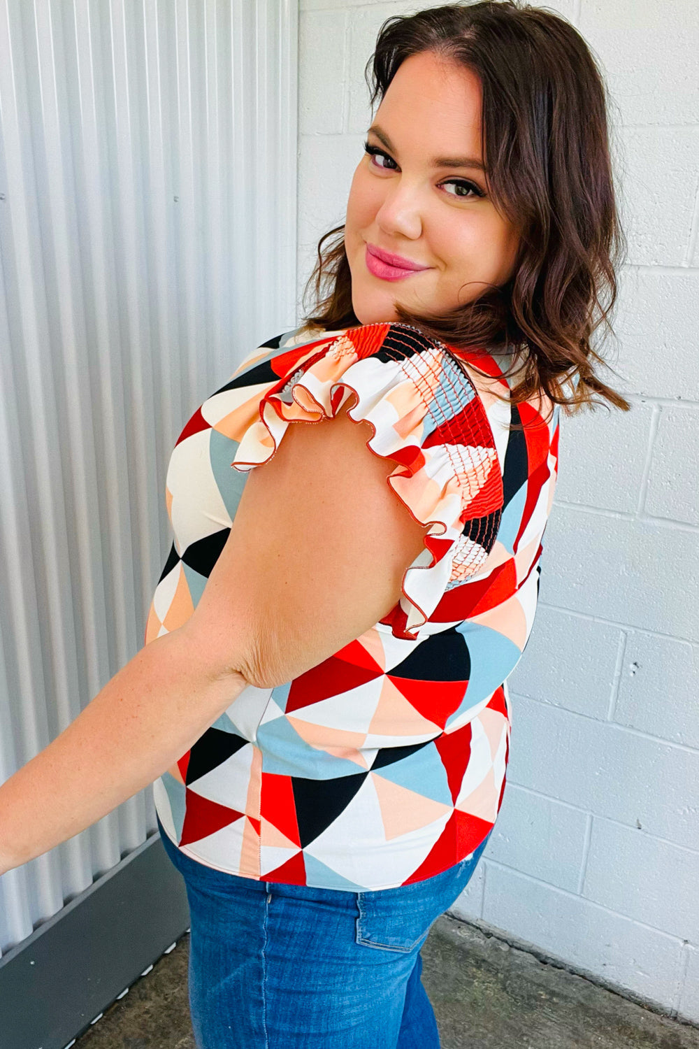 Burnt Orange Geo Print Smocked Ruffle Frill Sleeve Top