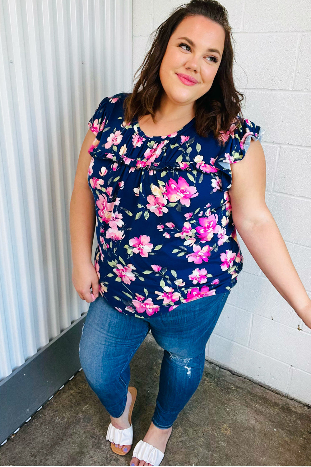 Navy & Pink Floral Print Frilled Short Sleeve Yoke Top