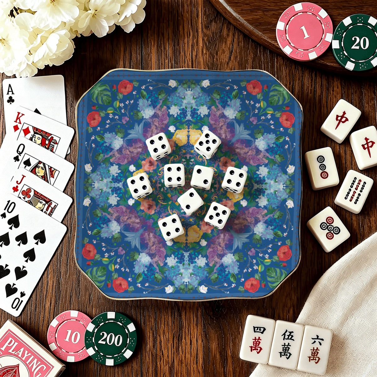 Scalloped Ceramic Mahjong Dice Tray in variety of patterns