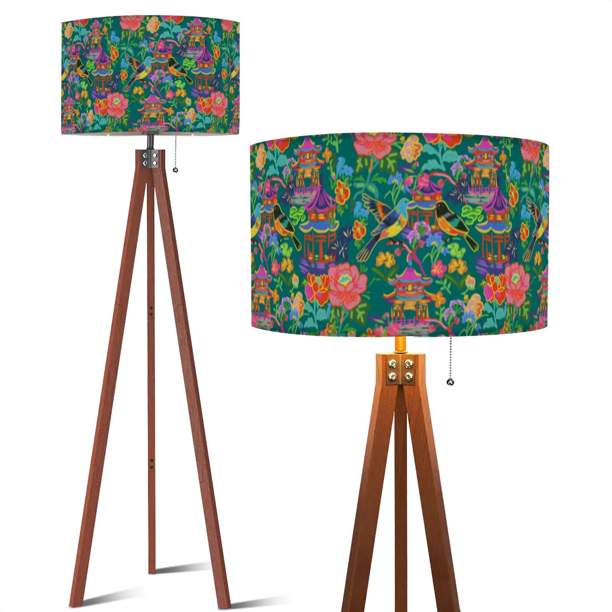 Tripod Floor Lamp (Made in USA)Birds and Pagodas
