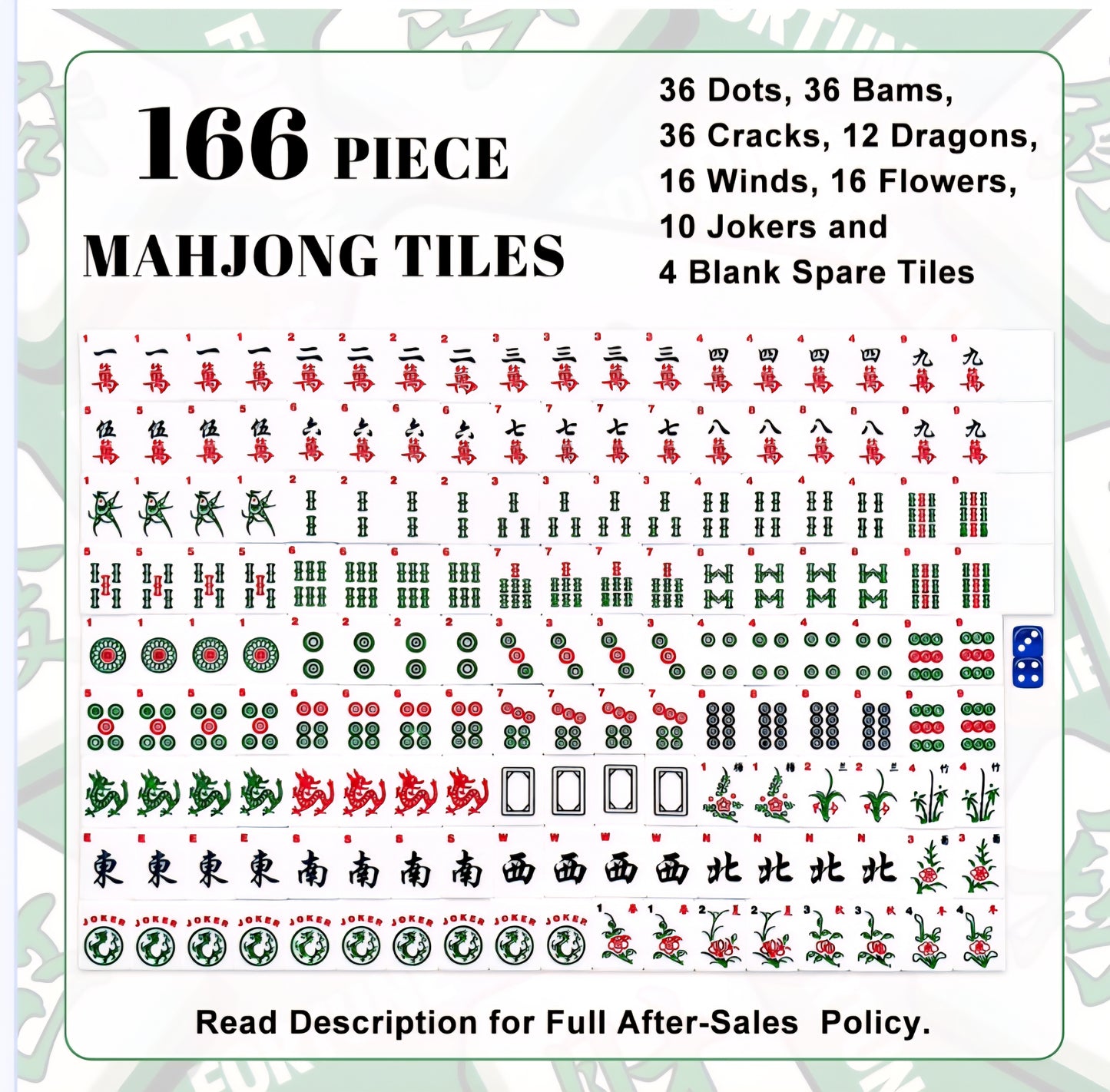 Custom designed back American Mahjong tiles with traditional Chinese faces