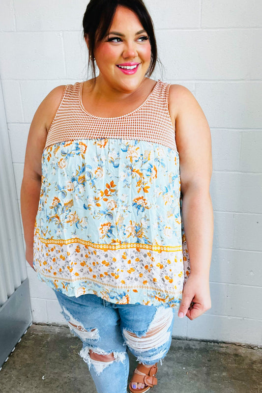 Orange & Blue Two Tone Floral Back Tie Tank