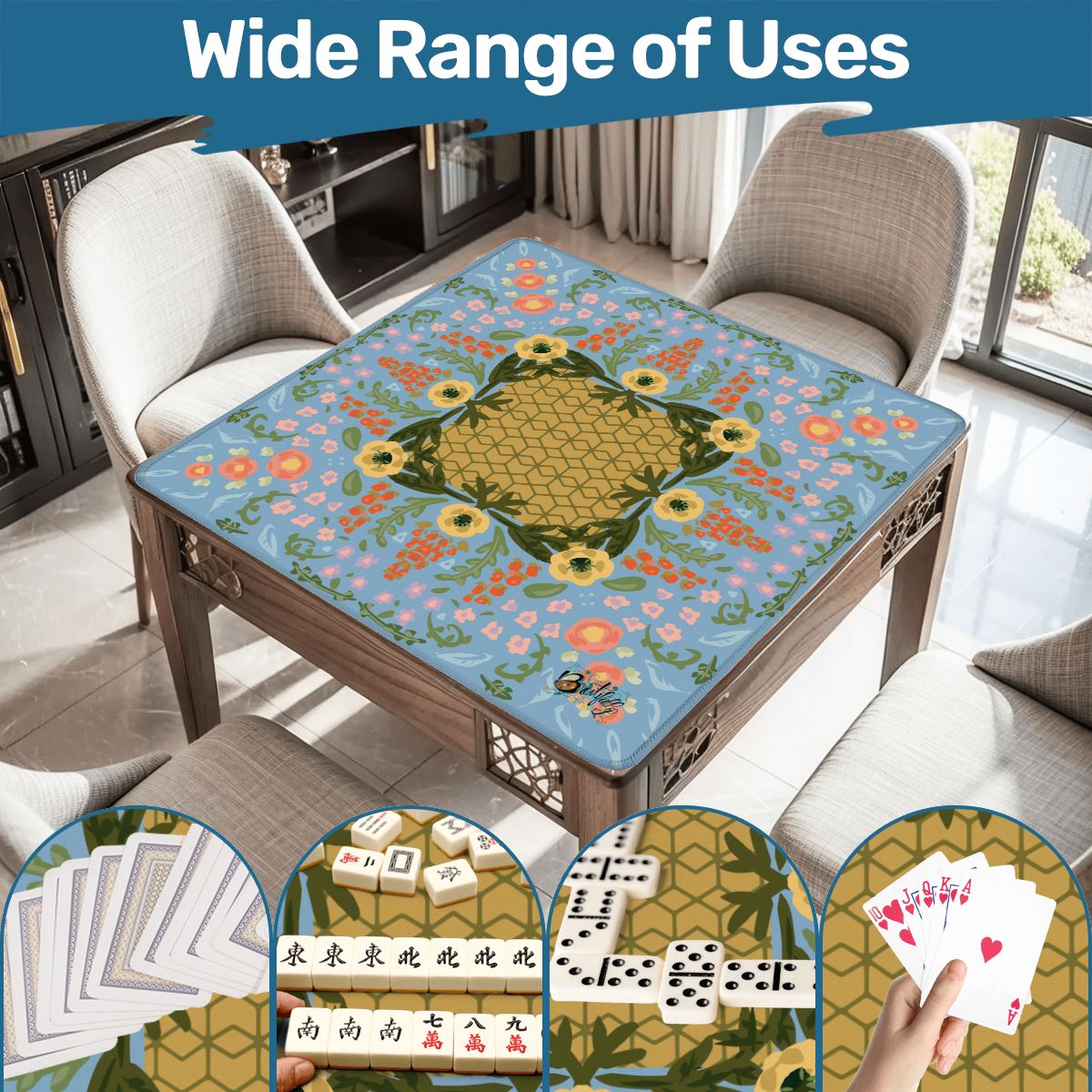 Mahjong Mat Grandma’s china on light blue 31.5"x31.5" (Ship Rolled up)
