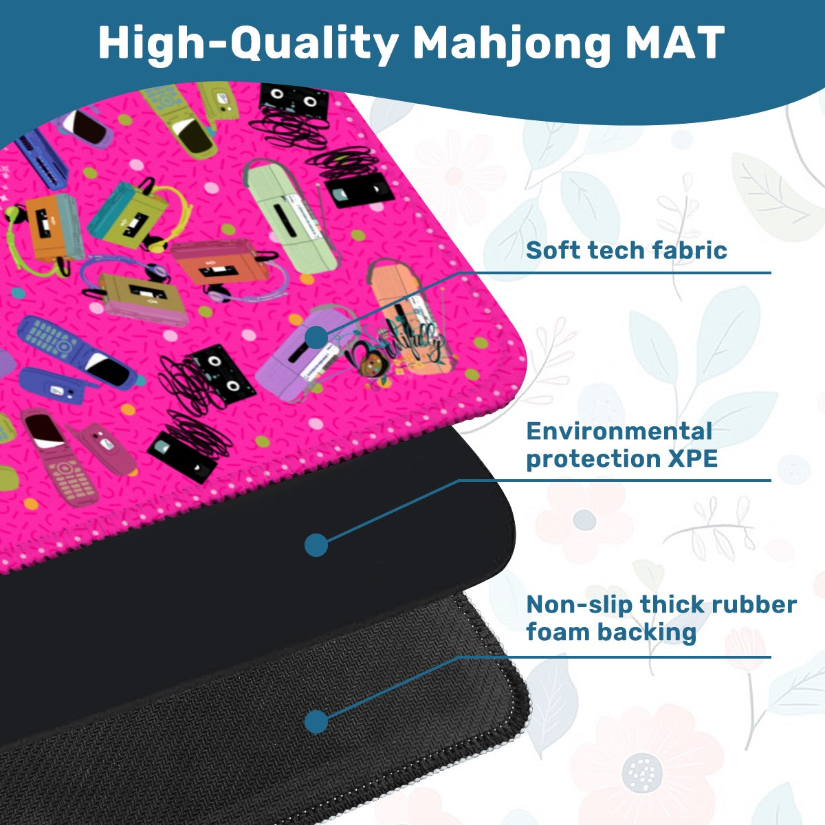 Mini Travel Mahjong Mat -Retro 88 in Hot Pink 20.9"x20.9" (Ship Rolled up)