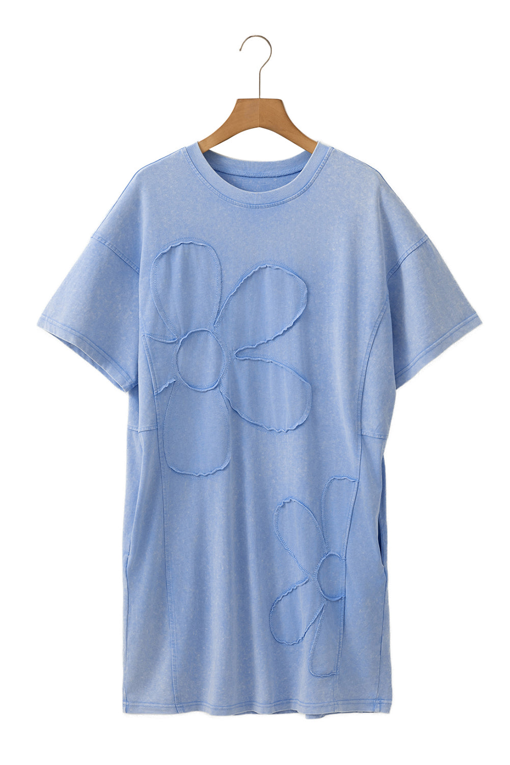 Sky Blue Mineral Wash Flower Patchwork Mini T Shirt Dress