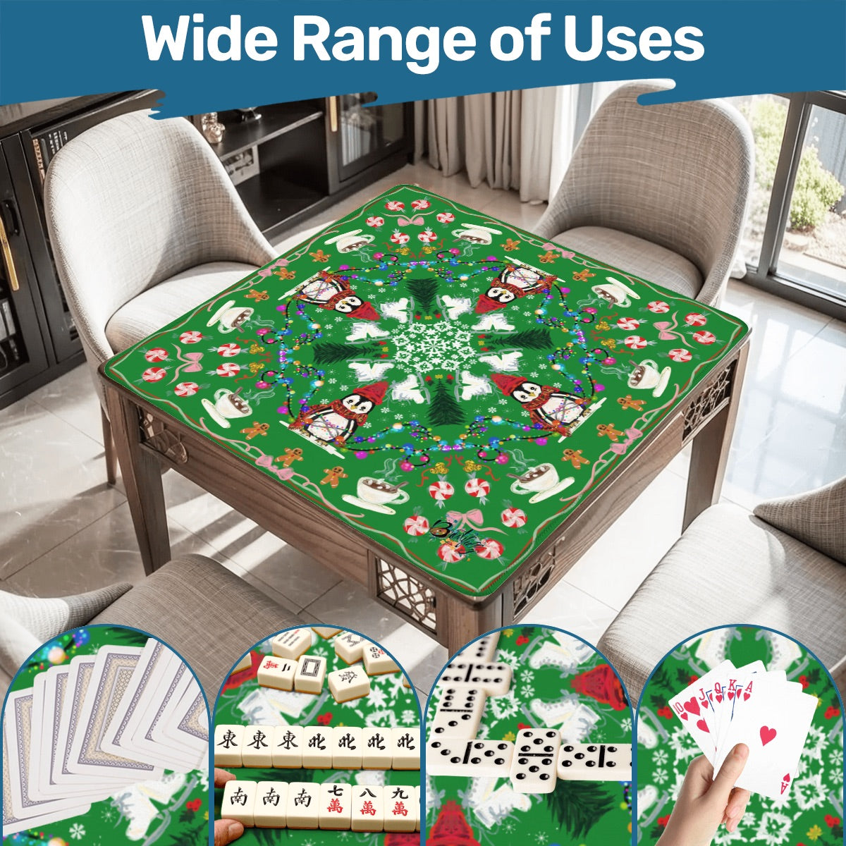 2026 Green Penguin Winter Mahjong Mat 31.5"x31.5" (Ship Rolled up)