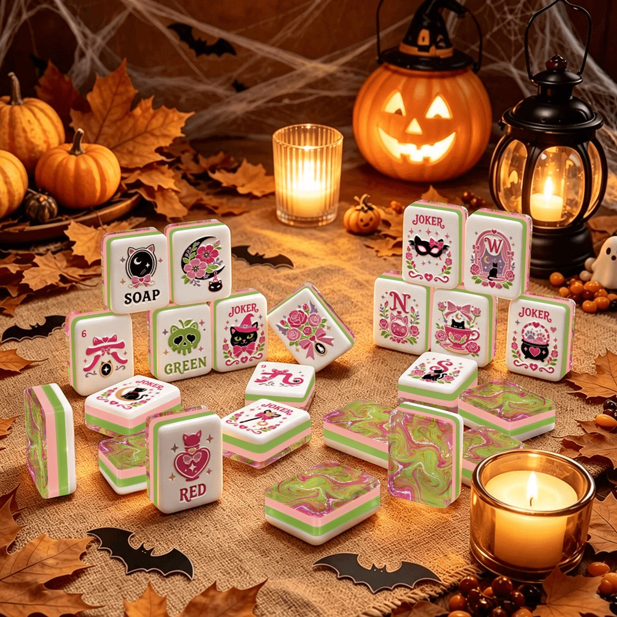 Witch's Familiar Halloween Mahjong Tiles Pink & Green abstract
