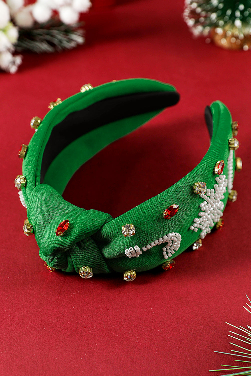 Dark Green Christmas Rice Beaded Rhinestone Wide Headband