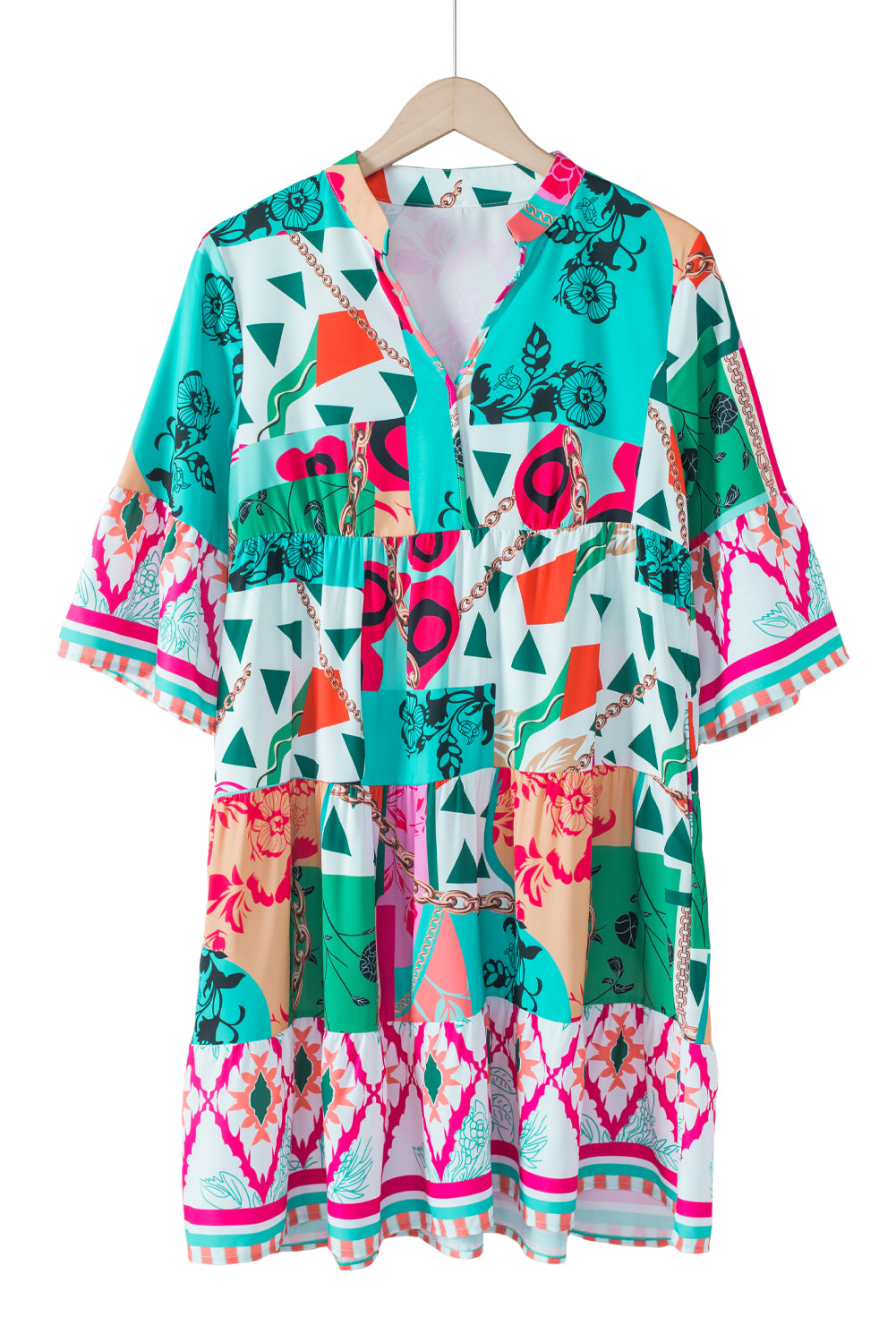 Multicolour Boho Abstract Print Flowy Tiered Dress