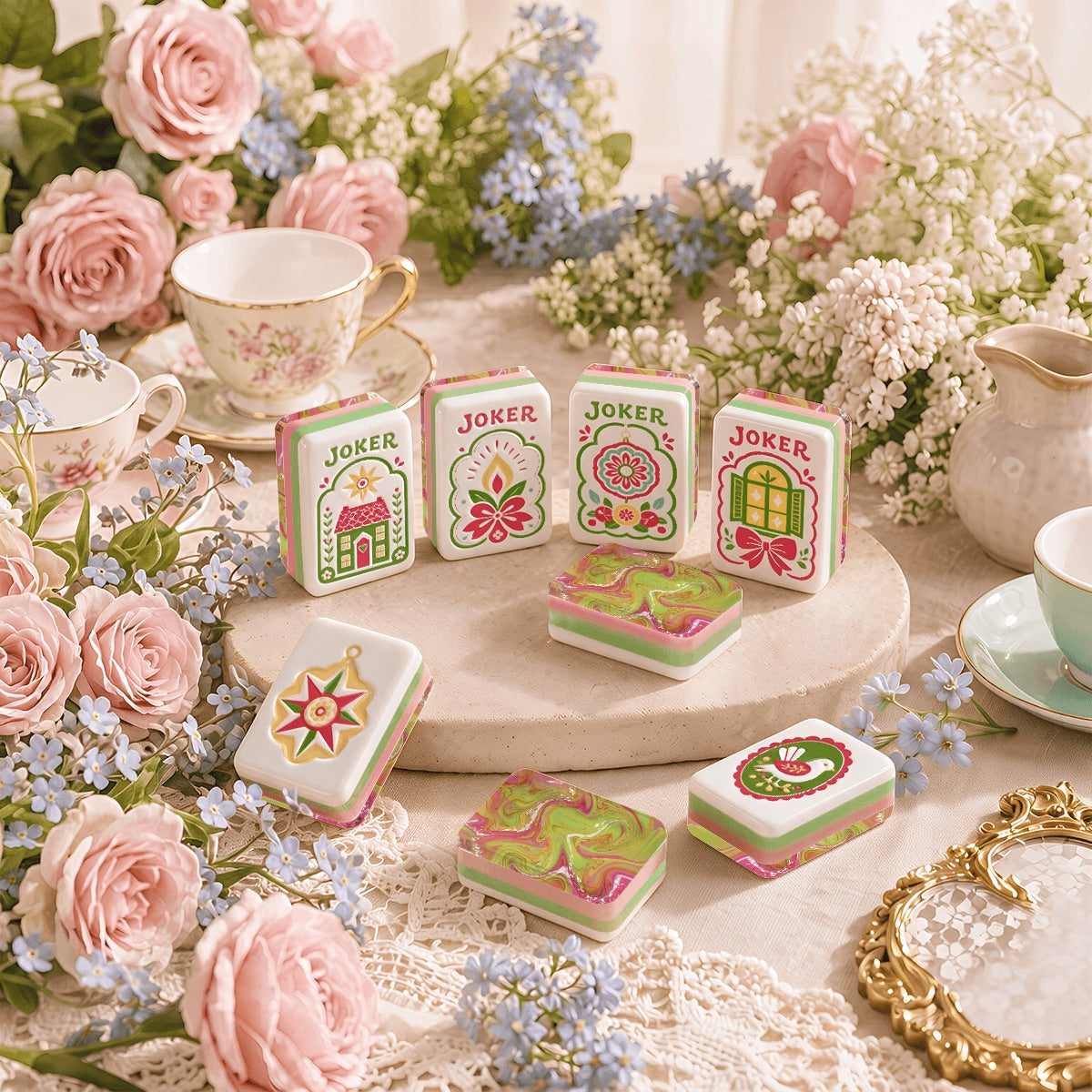 Scandi Folk Art Christmas Mahjong Tiles Pink Neon pagodas and birds