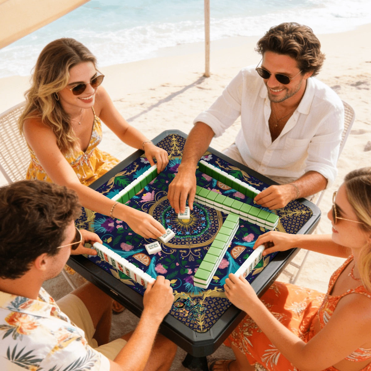 Summer design on Navy- Mini Travel Mahjong Mat 20.9"x20.9" (Ship Rolled up)