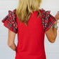 Racing Red Pearl Plaid Ruffle Sleeve Loose T Shirt