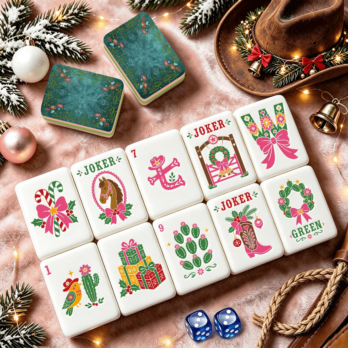 Western Christmas Mahjong Tiles Teal Boots