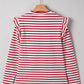 Red Striped Ruffle Shoulder Long Sleeve Top