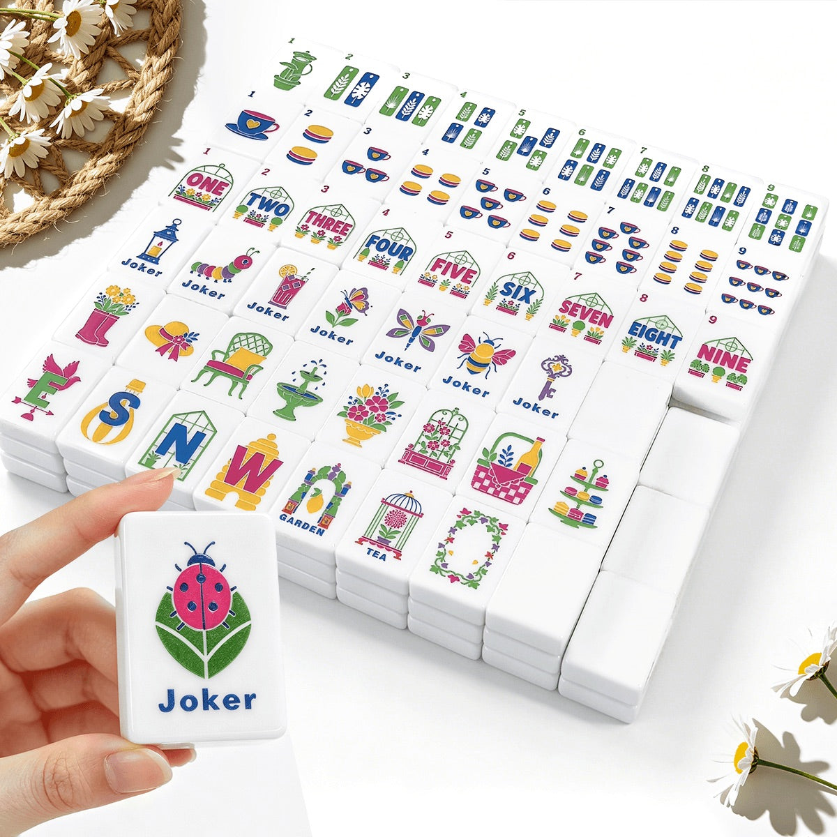 Light blue Mahjong Tiles Set (Floral Garden Style) (Single Layer)