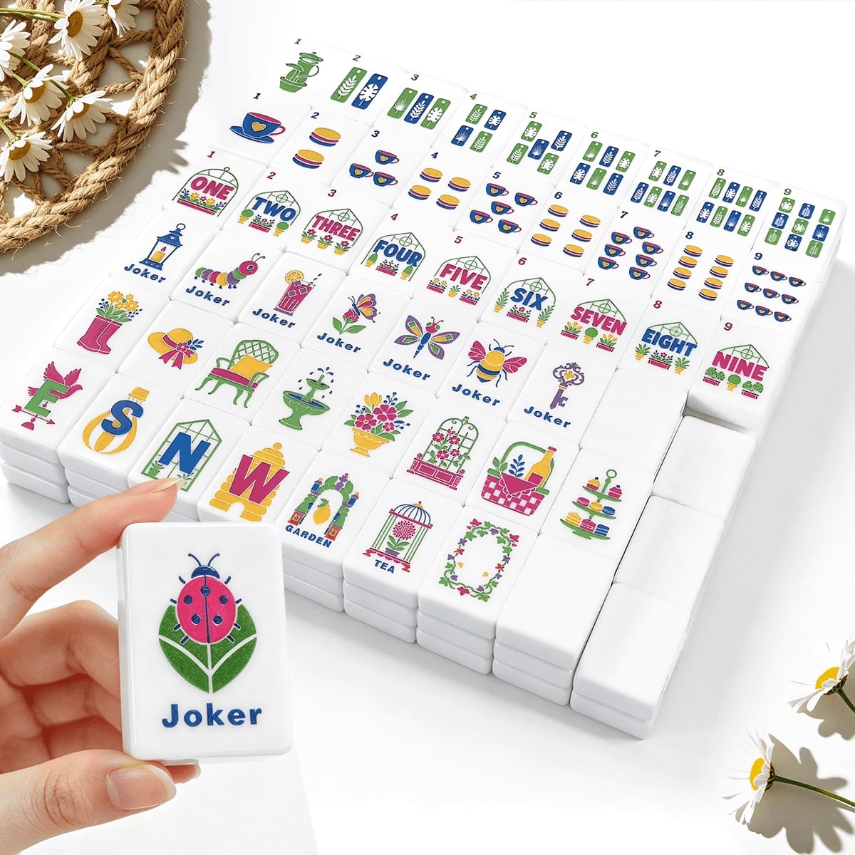 Green Mahjong Tiles Set (Floral Garden Style) (Single Layer)