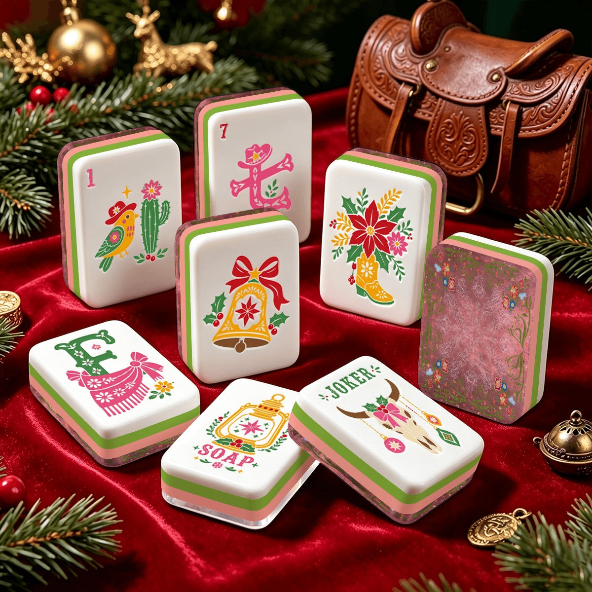 Western Christmas Mahjong Tiles Pink Boots