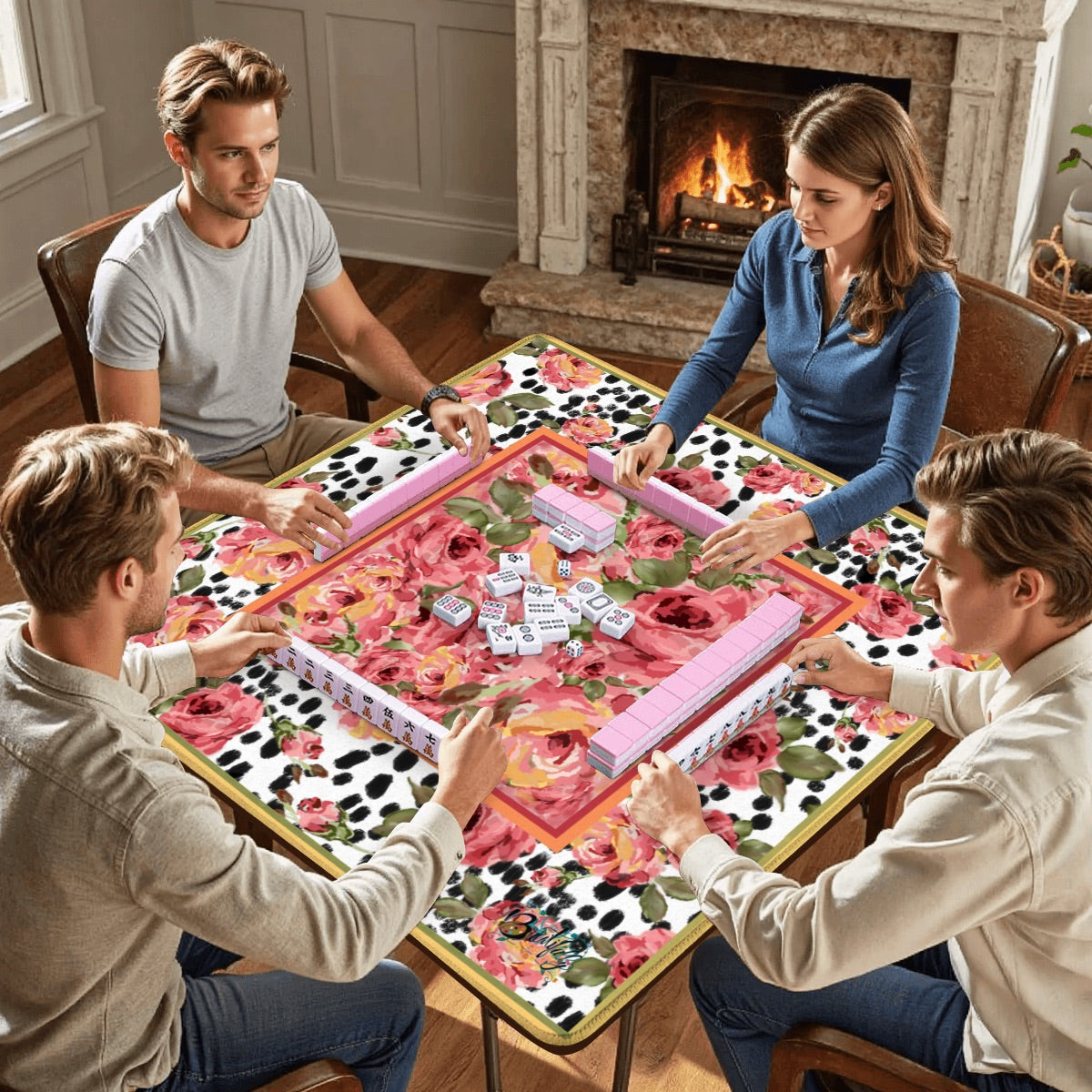 Mahjong Mat 31.5"x31.5" (Ship Rolled up)- painted Rose on black and white