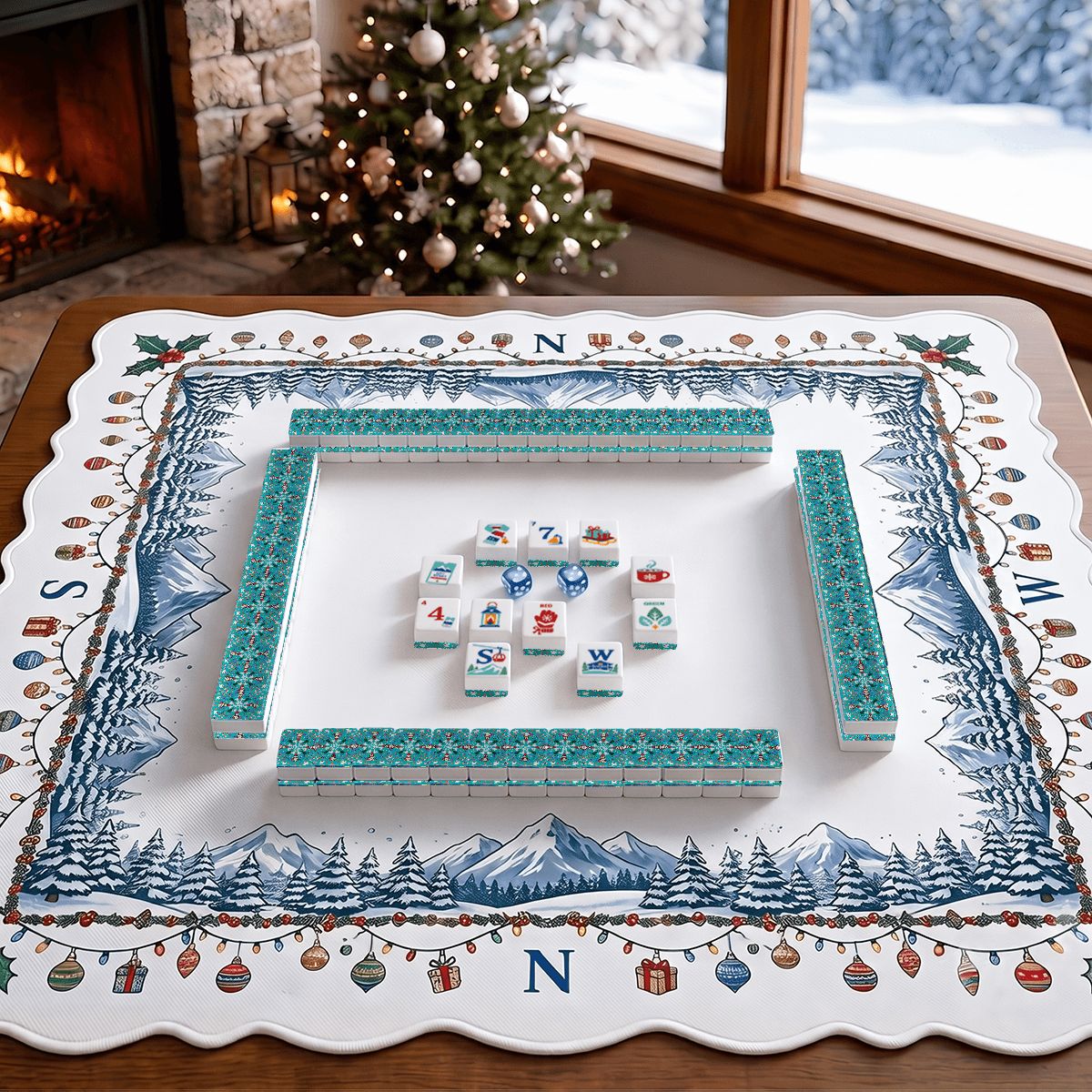 Alpine Slopes Christmas Mahjong Tiles Teal penguins