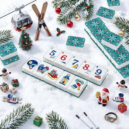 Alpine Slopes Christmas Mahjong Tiles Teal penguins