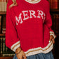 Fiery Red MERRY Pattern Colorblock Edge Drop Shoulder Cozy Sweater