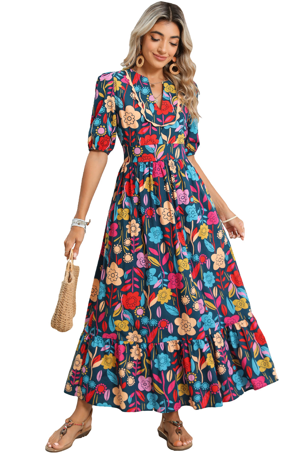 Green Floral Print Split V Neck Puff Sleeve Maxi Dress