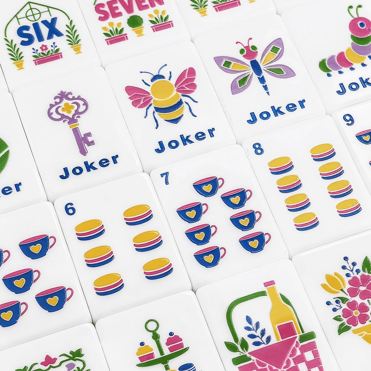 Bright blue Mahjong Tiles Set (Floral Garden Style) (Single Layer)