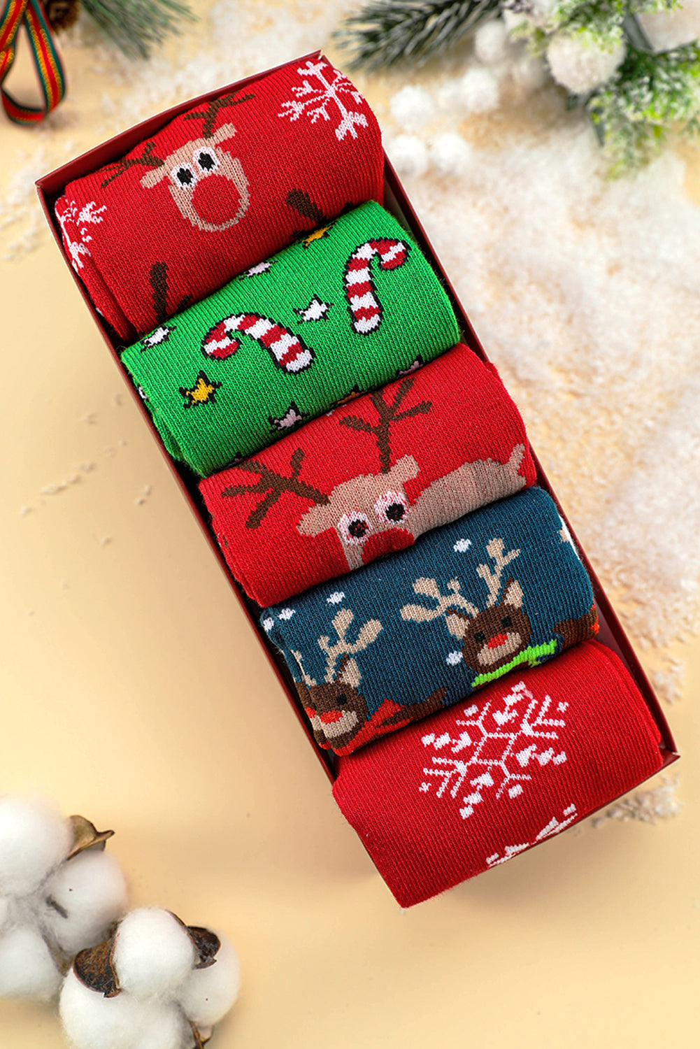 Fiery Red 5 Pairs Christmas Cartoon Elk Soft One Size Socks Set