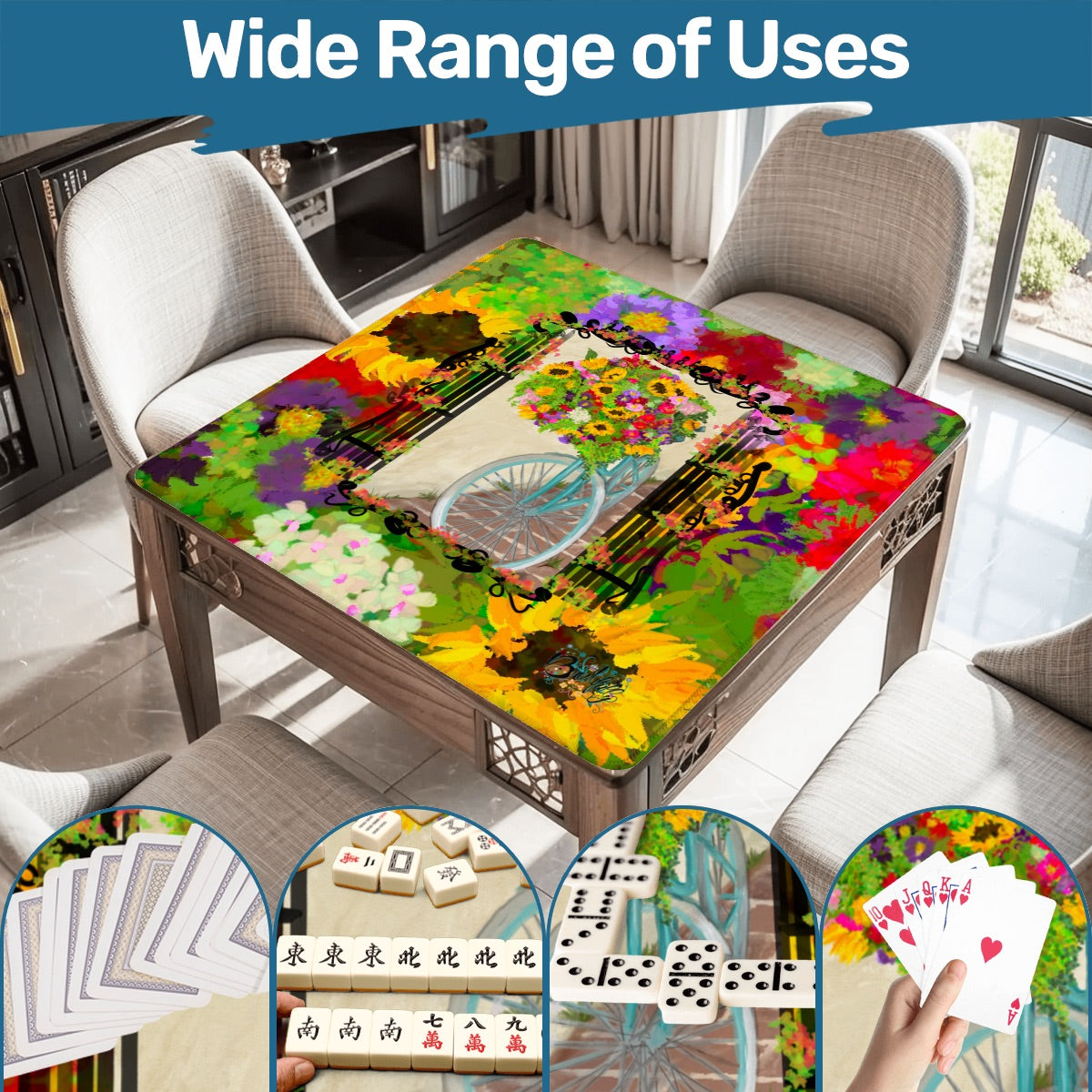 Mahjong Mat 31.5"x31.5" (Ship Rolled up)- Summer bicycle florals