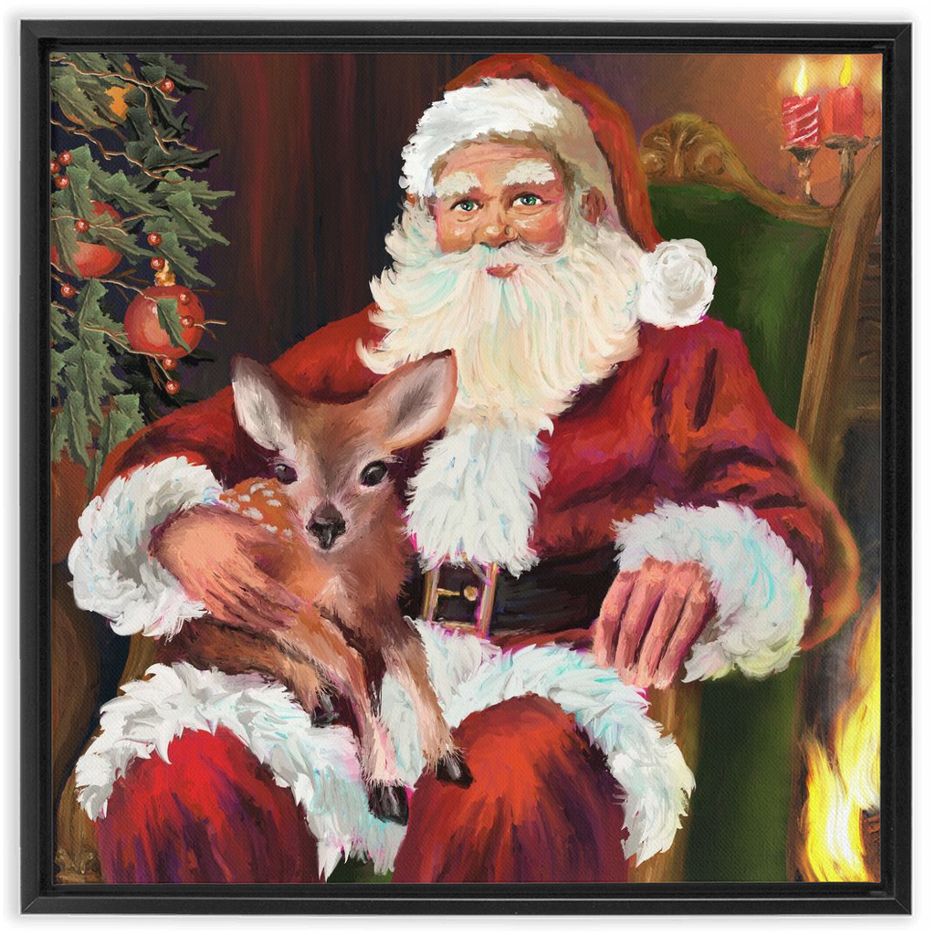 Magical Santa with baby deer Framed Canvas Wraps-powered by Artivive