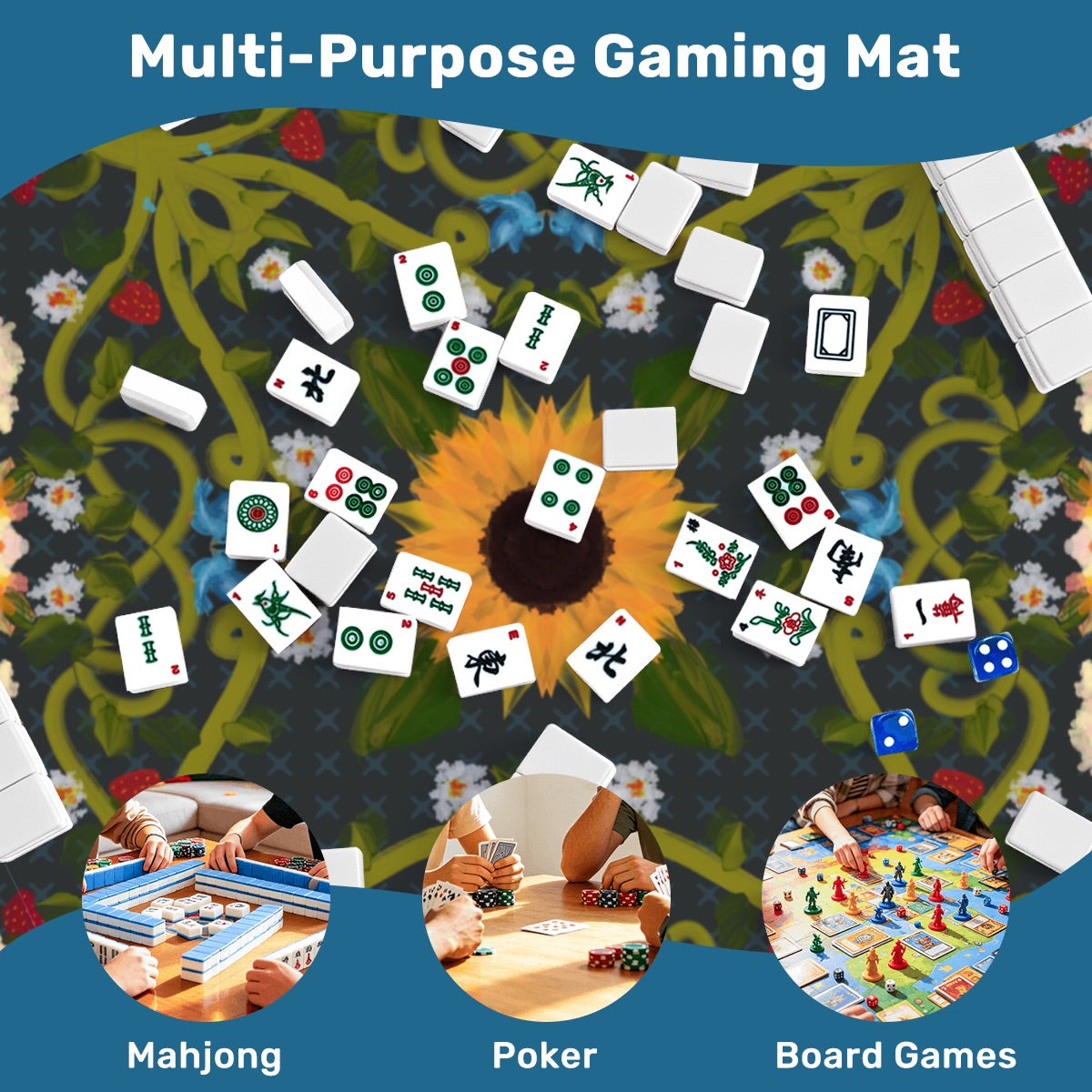 Mahjong Mat Sleek Surface Blue Sunflower