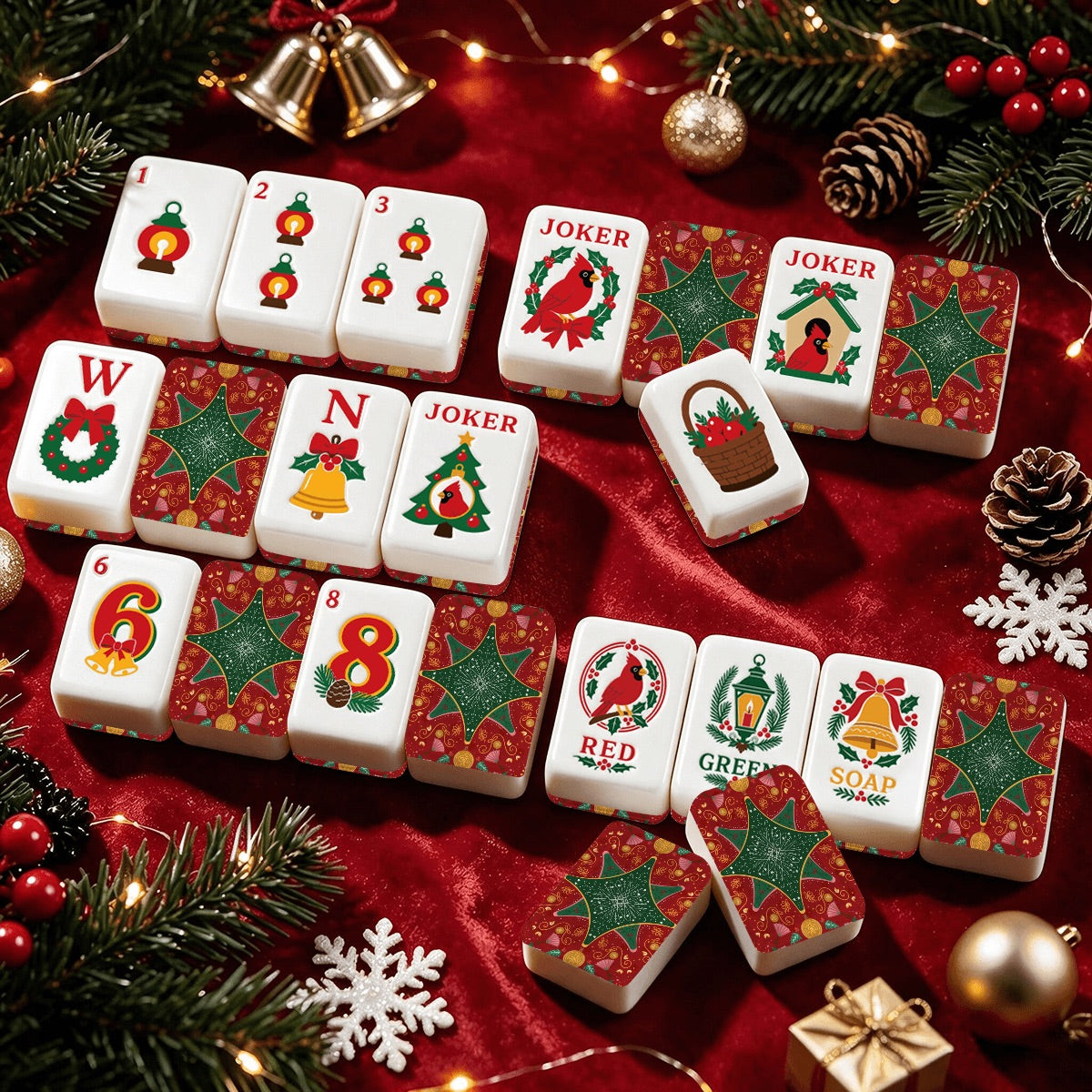 Christmas Cardinal American Mahjong Tiles Traditional Ted and Green