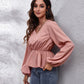V-Neck Balloon Sleeve Peplum Blouse