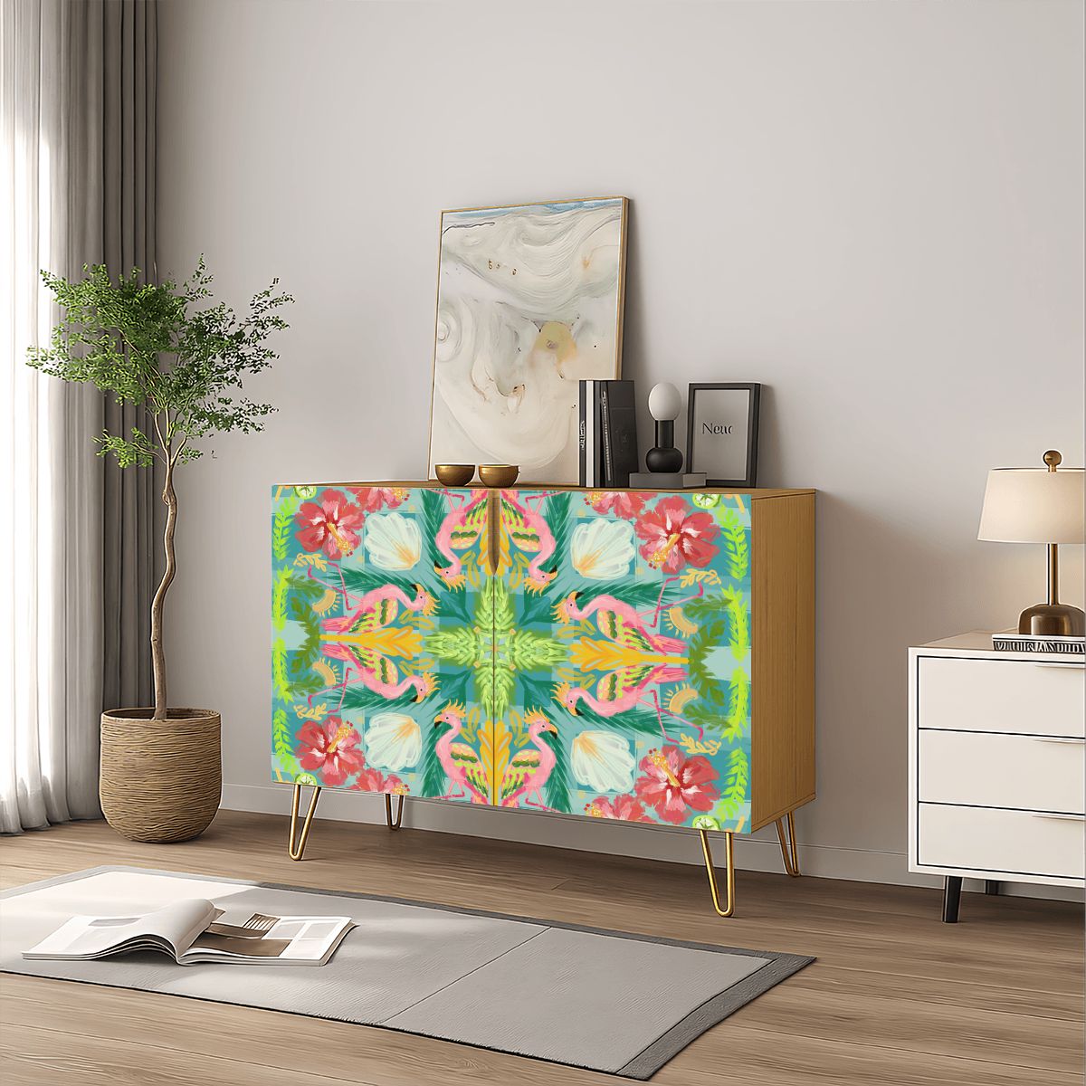 Wooden Storage Cabinet (Made in USA) Flamingo summer on green
