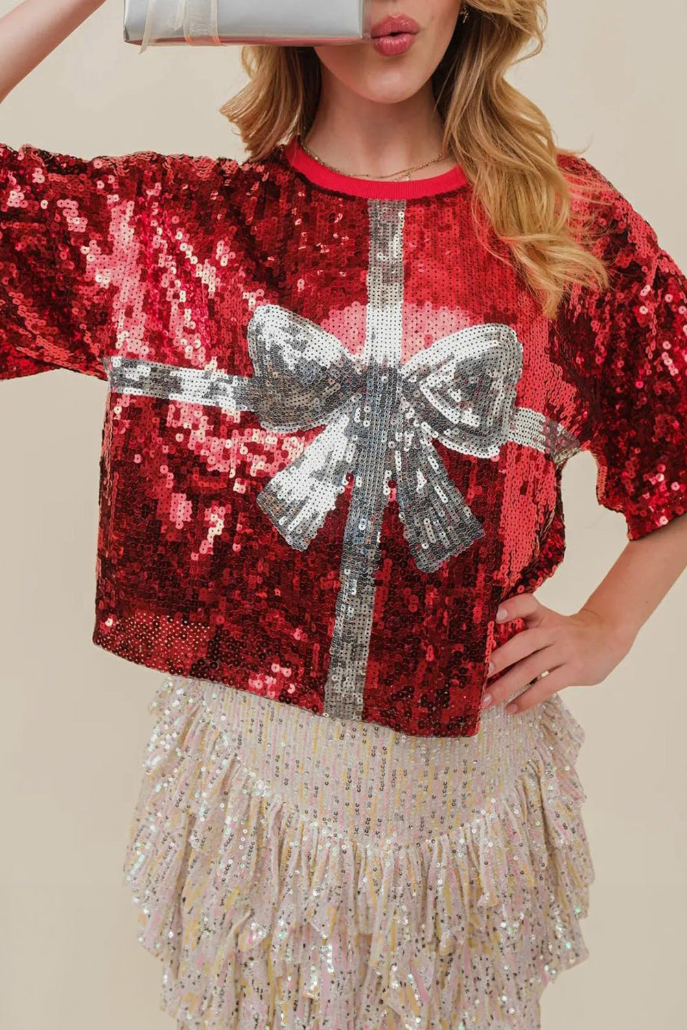 Racing Red Sequins Bow Pattern T Shirt