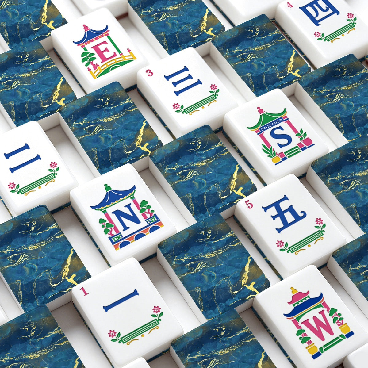 American Mahjong Tiles (Traditional Porcelain Style) Geode series  blue gold vein