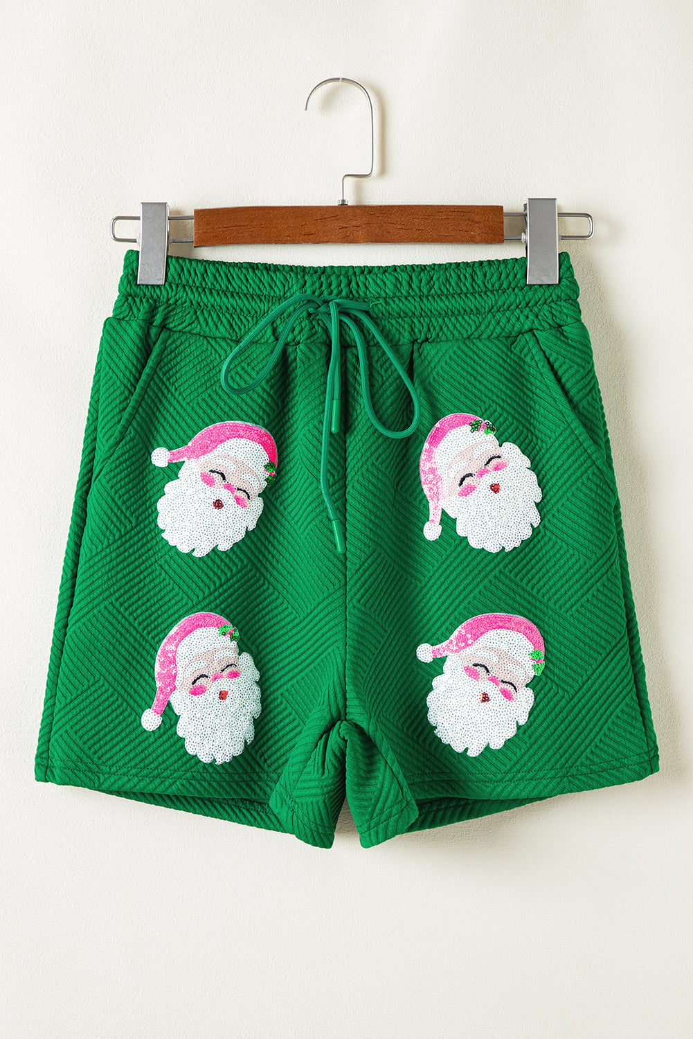 Green Santa Clause Pattern Textured Pullover and Shorts Casual Outfit