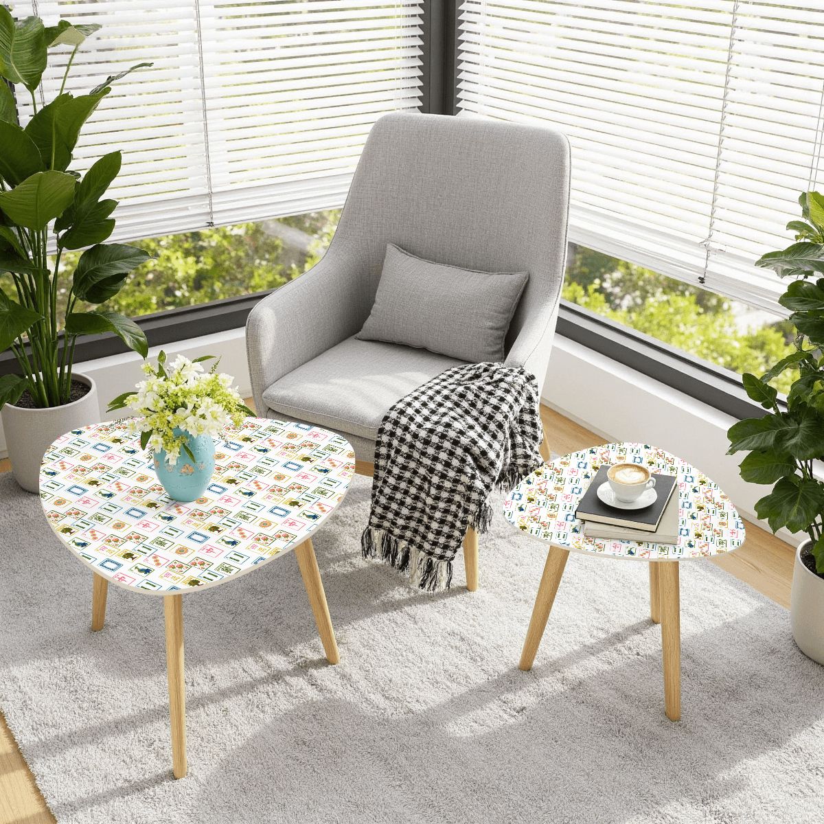 Triangle Coffee Table Set of 2 (Made in USA) Mahj tiles tossed on white