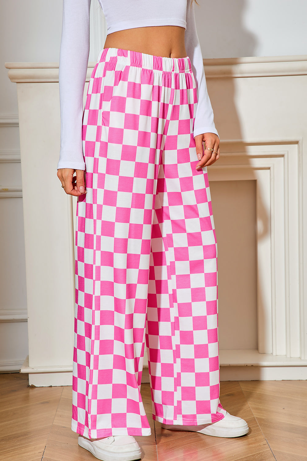 Bonbon Checkered Print High Waist Wide Leg Pants