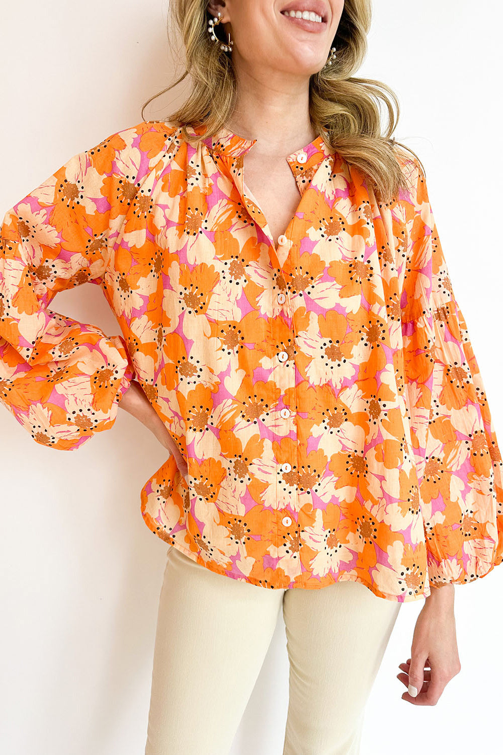 Printed Balloon Sleeve Top