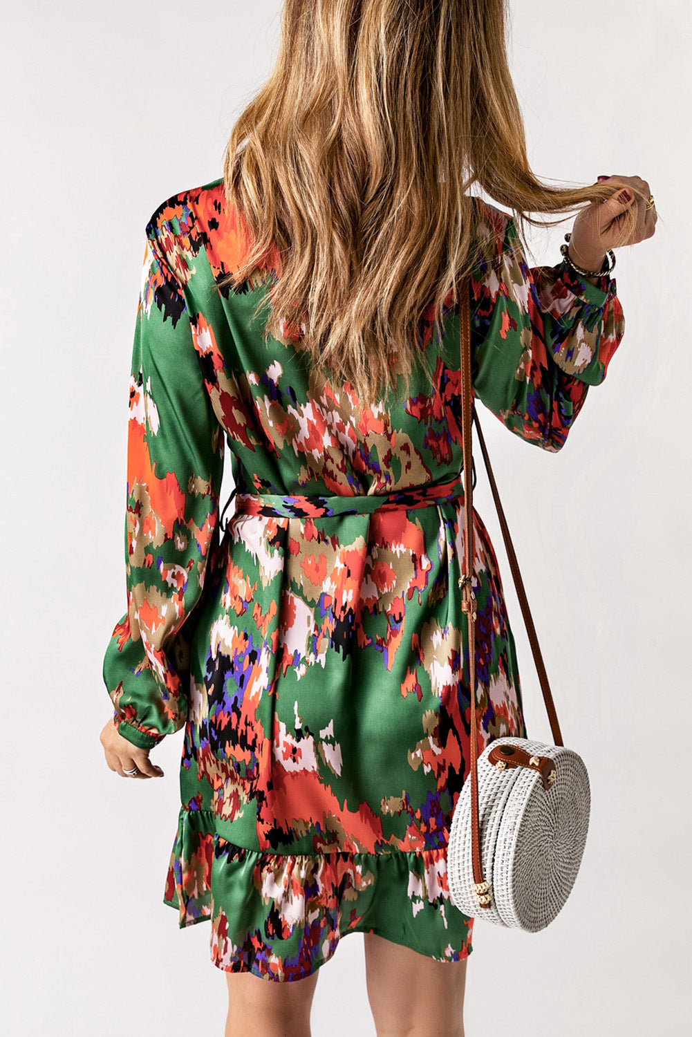 Abstract Print Waist Belted Flounce Hem Split V Neck Long Sleeve Dress