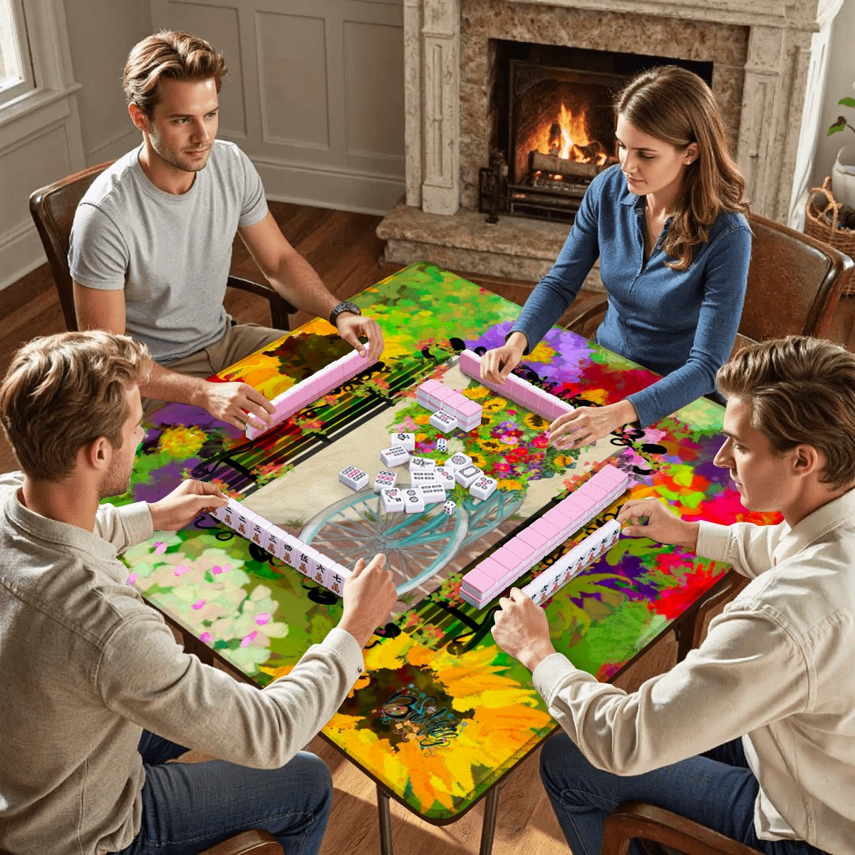 Mahjong Mat 31.5"x31.5" (Ship Rolled up)- Summer bicycle florals